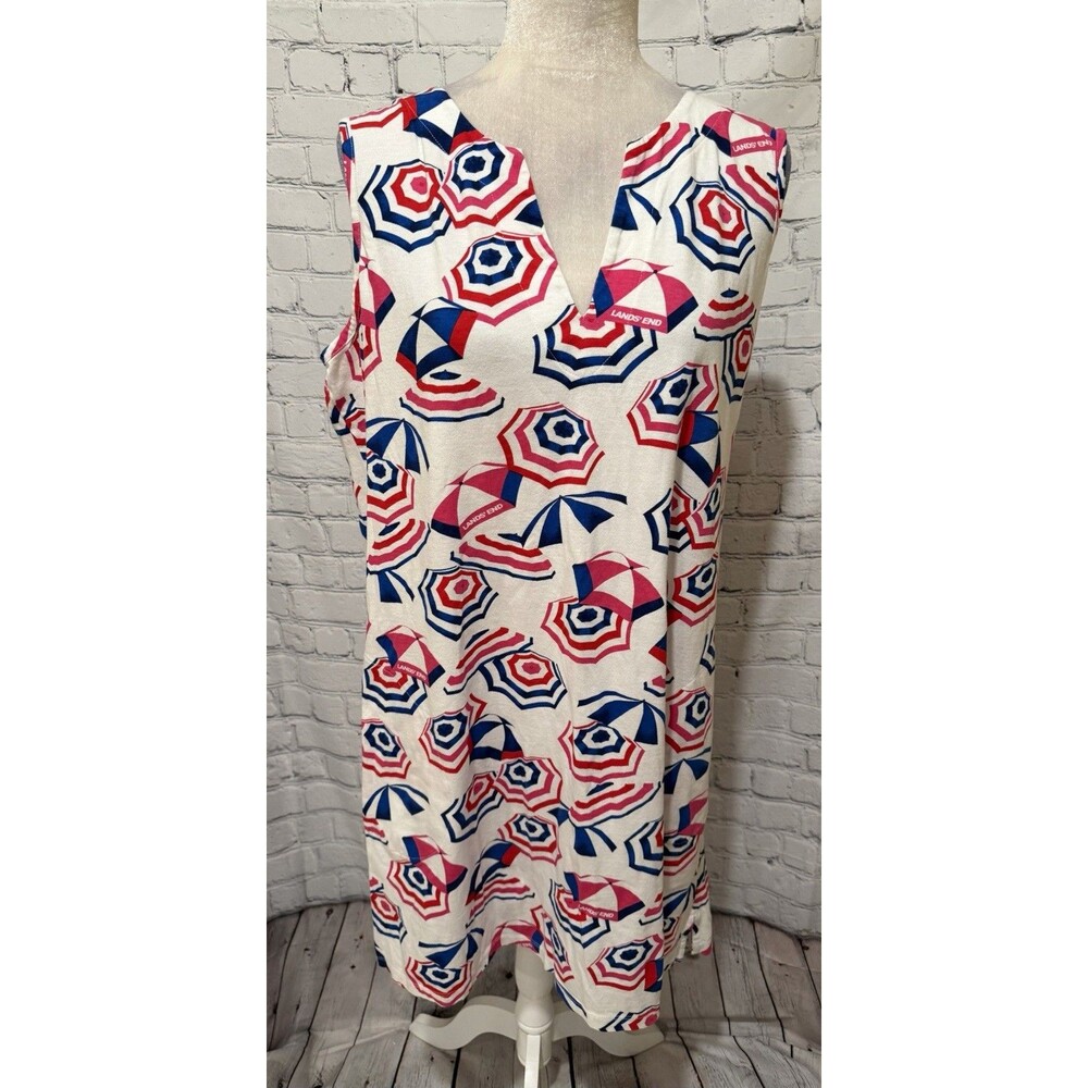 Lands End Women's Umbrellas Print Cotton Red Blue Dress Size XL